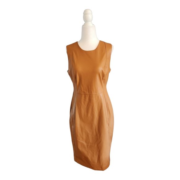 NEW Calvin Klein Faux leather Sleeveless Pencil Dress Camel Size 8 - Picture 3 of 6